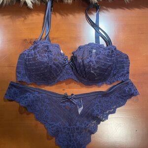 CHANTELLE sheer lace Demi bra and matching lace thong in Royal Blue 36C/M